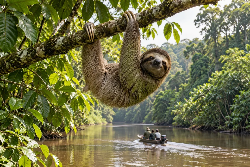 Three-toed sloth hanging above a river with a skiff below; visualisation