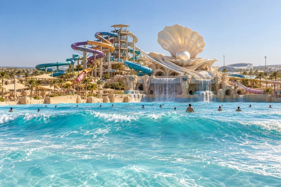 Wave pool with tall twisting slides on a flat desert island; visualisation