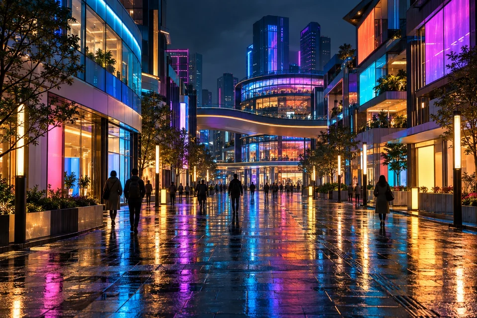 Neon-lit electronics district street at night; visualisation