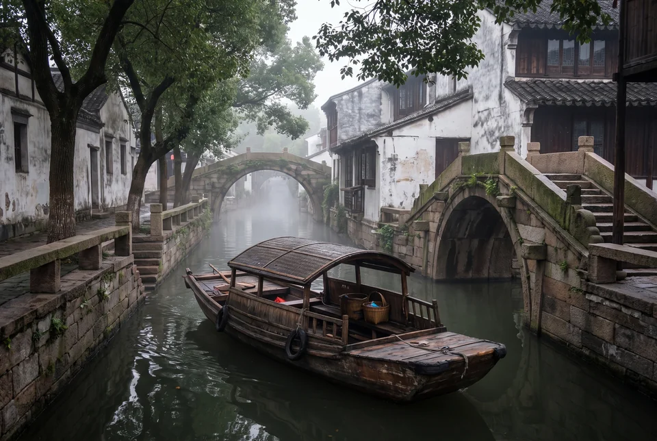 Wooden boat on a misty canal with stone arched bridges, Zhujiajiao, visualization