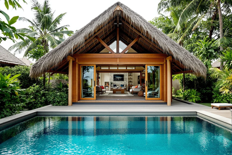 A thatched wooden villa in Indonesia opening onto the garden pool