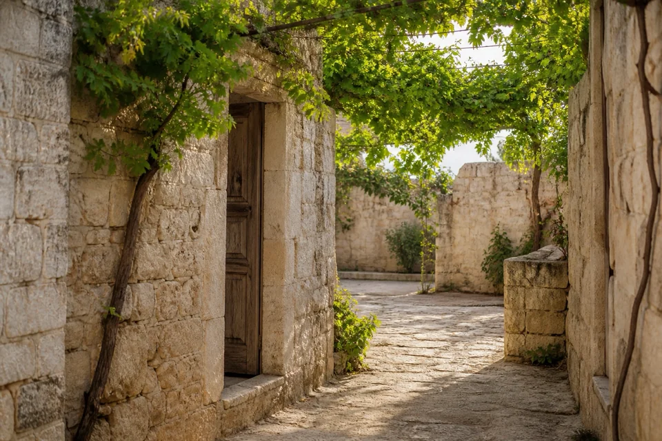 Vine leaves shading a courtyard enclosed by tuff stone walls in Armenia