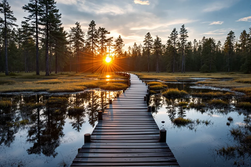 A wooden boardwalk over a bog in Estonia reaching toward pools at sunrise