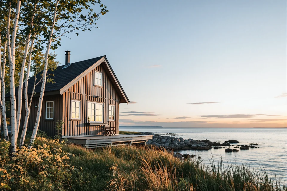 A wooden seaside house among birches on the shore on a summer evening in Estonia