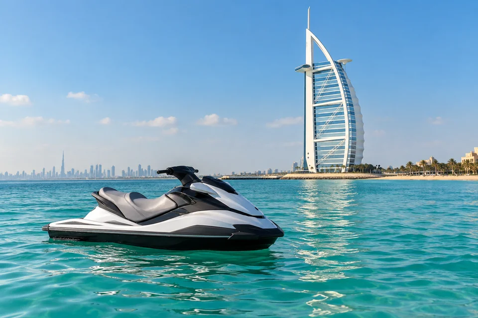 A jet ski on turquoise water off Jumeirah with the Burj Al Arab behind