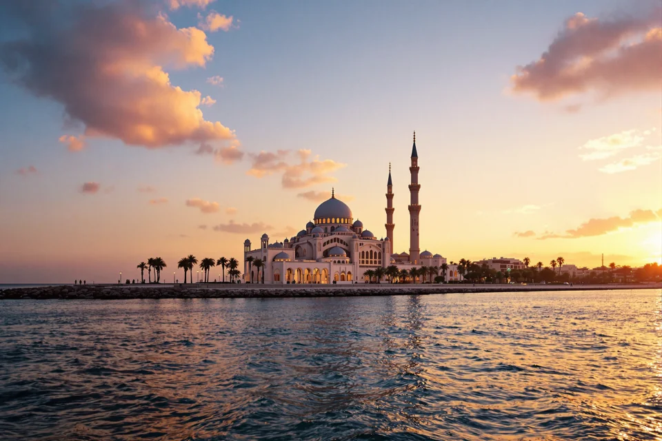 Domed white mosque with twin minarets on Morocco's seafront, palm trees against a sunset sky