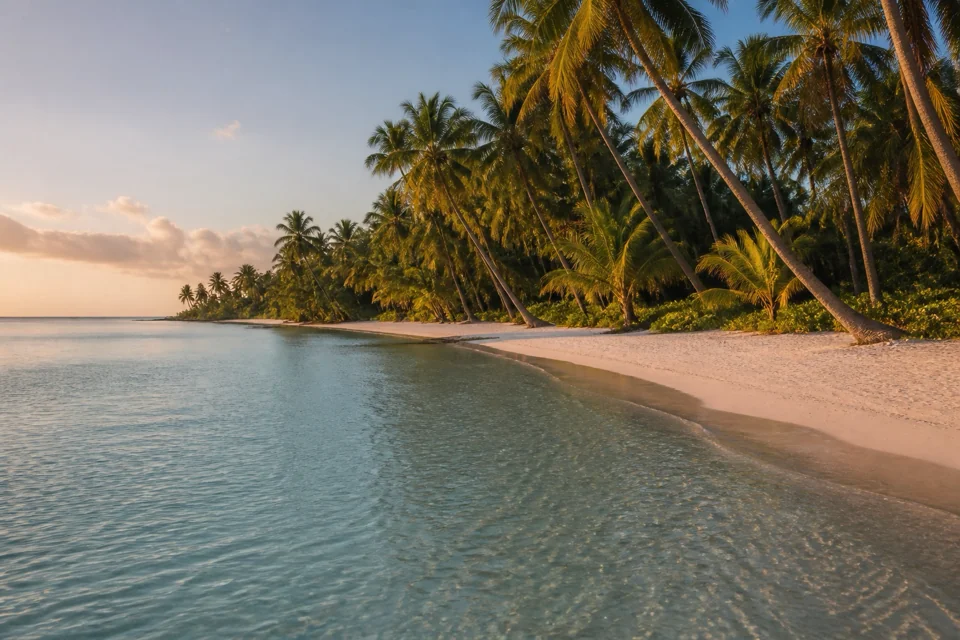 Soft evening light on a white sand beach fringed by coconut palms in the Philippines