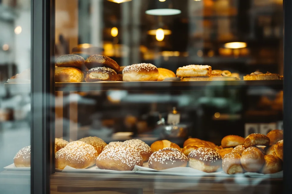 Fresh bread and pastries in warm light in a bakery window in France