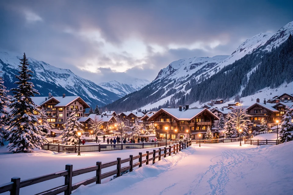 Evening lamps lit in an alpine chalet village under fresh snow in France