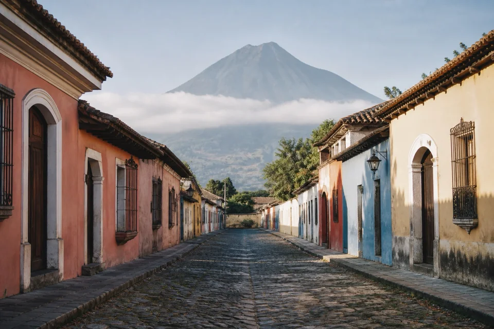 A volcano rising behind a row of pastel stone houses in Guatemala