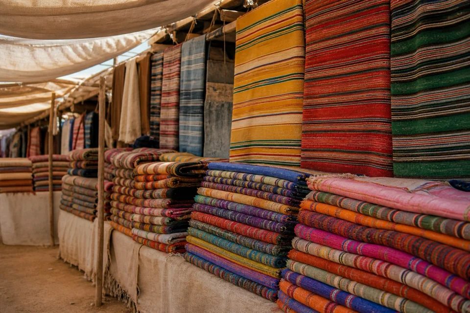 Woven textiles displayed in vivid stripes across market stalls in Guatemala