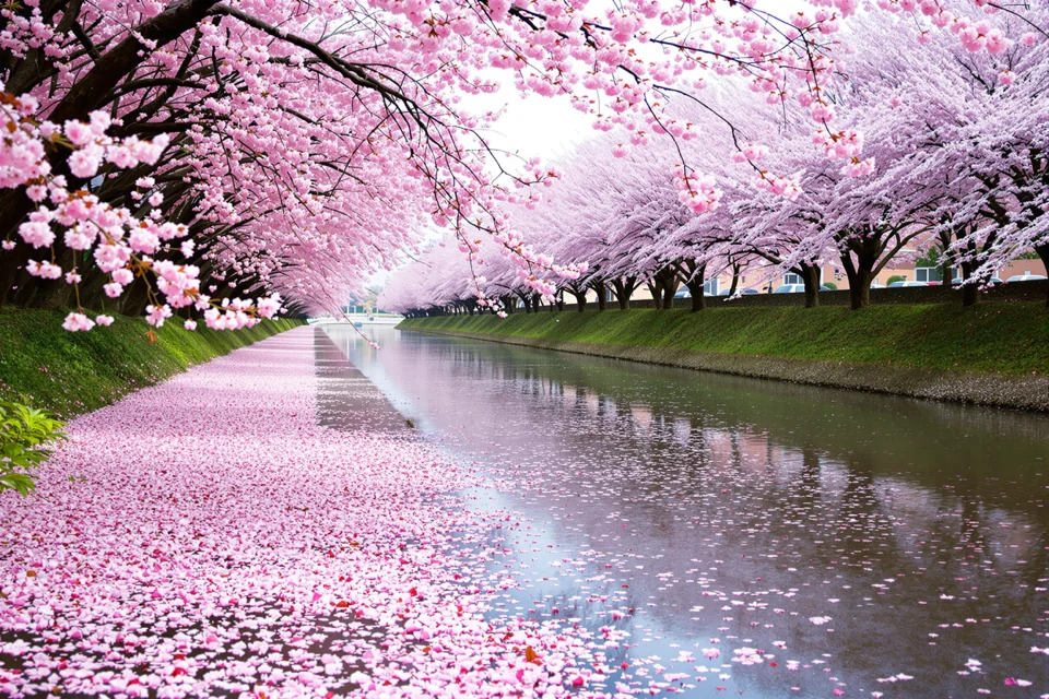 Petals falling into the water along a riverside cherry blossom path in South Korea
