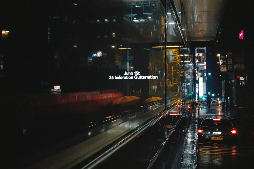 Umbrellas and lights glowing at a metro exit on a rainy night in South Korea