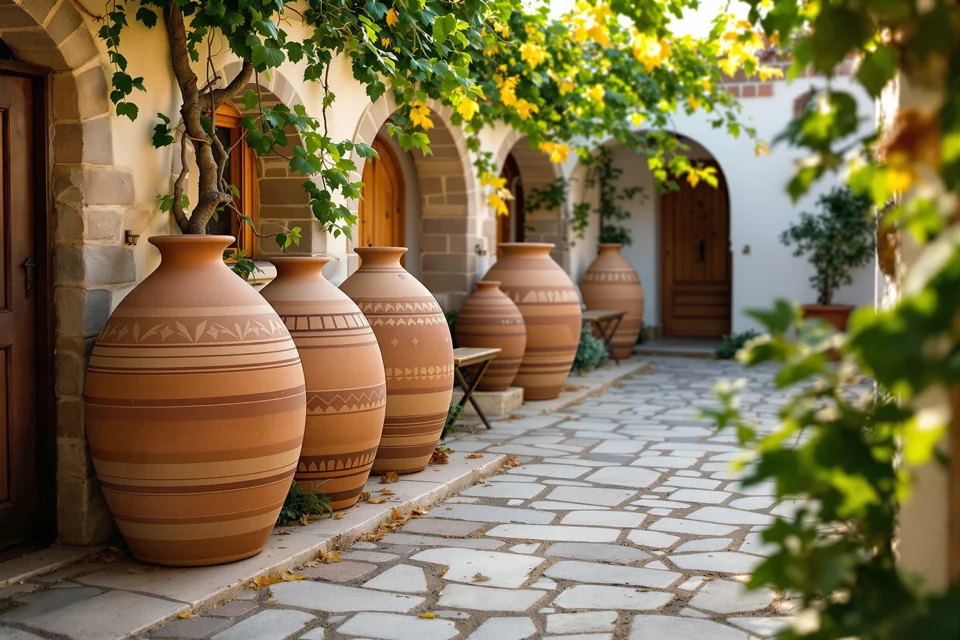 Rows of clay jars standing under vine leaves in a courtyard in Georgia