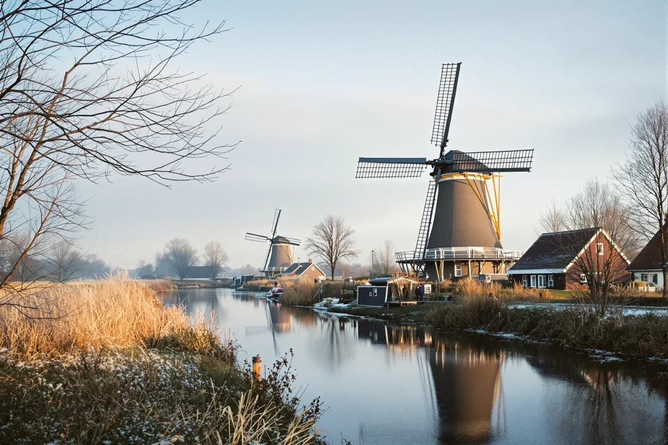 A windmill beside a still waterway in winter light in the Netherlands