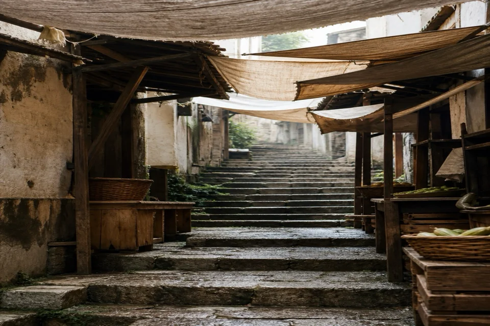 Cloth awnings stretching toward stone steps in an old lane in Hong Kong