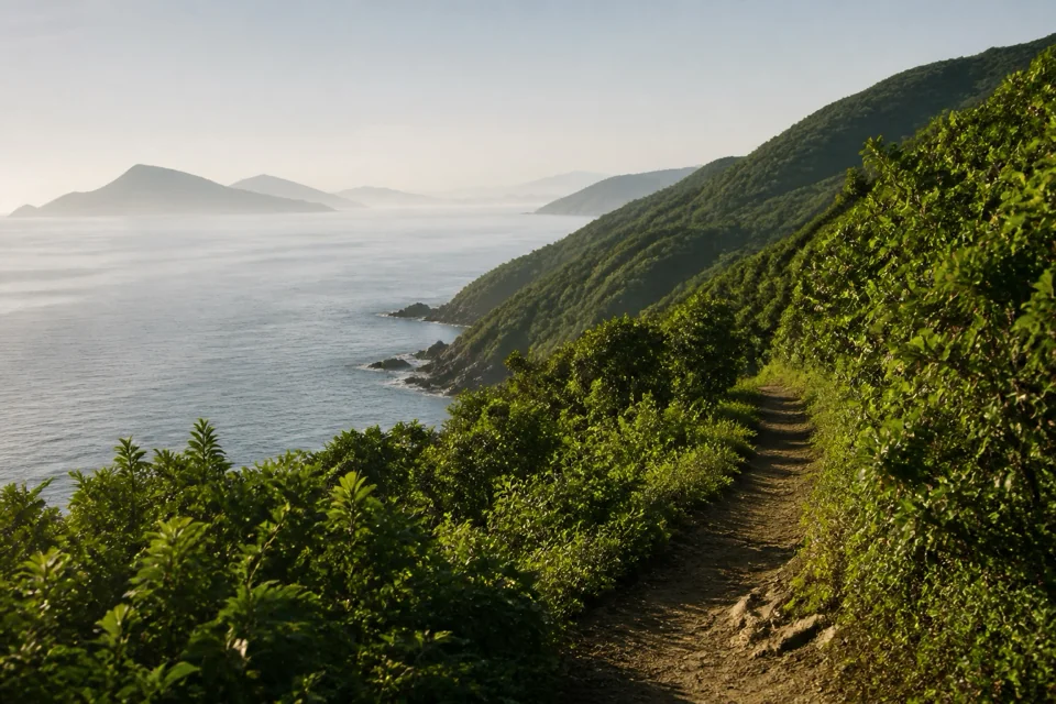 Islands veiled in mist seen from a green hillside path above the sea in Hong Kong
