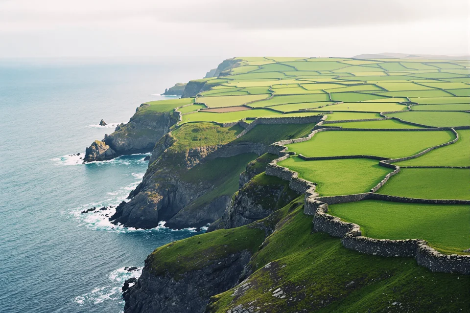 Green fields walled in stone above the sea cliffs of Ireland