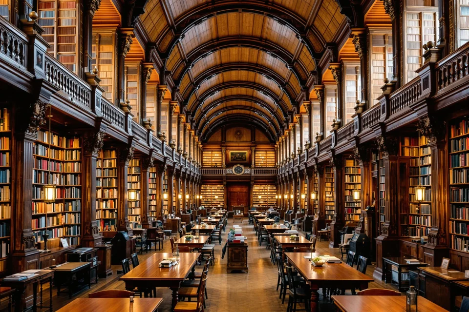 Historic library hall in the Republic of Ireland with a timber barrel vault and long reading tables