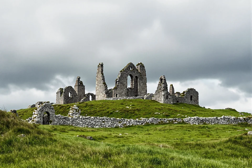 Ruined stone abbey on a green Irish hill, ringed by a dry stone wall under a heavy cloudy sky