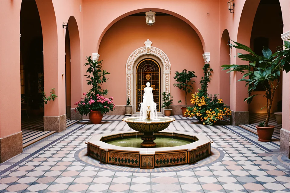 A small fountain and orange trees in a pink arched courtyard in Spain