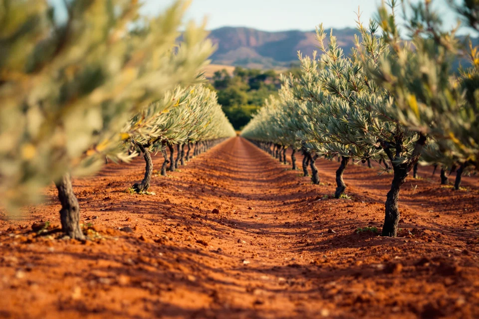 Olive trees set in long rows on red earth in Spain
