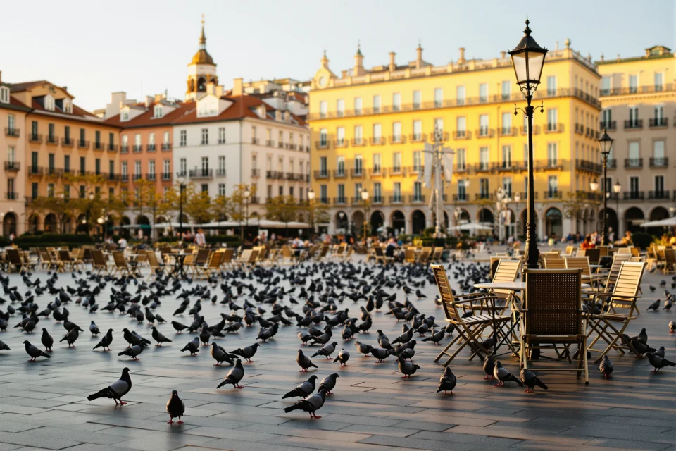 Cafe chairs set out among pigeons on a historic square in Spain