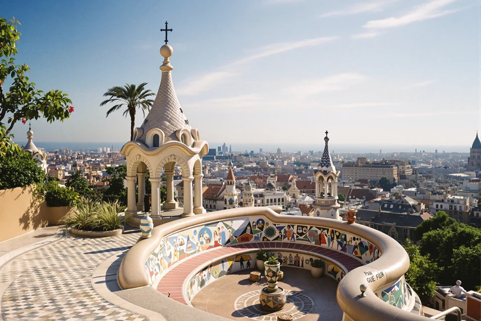 The mosaic terraces of Park Güell in Barcelona