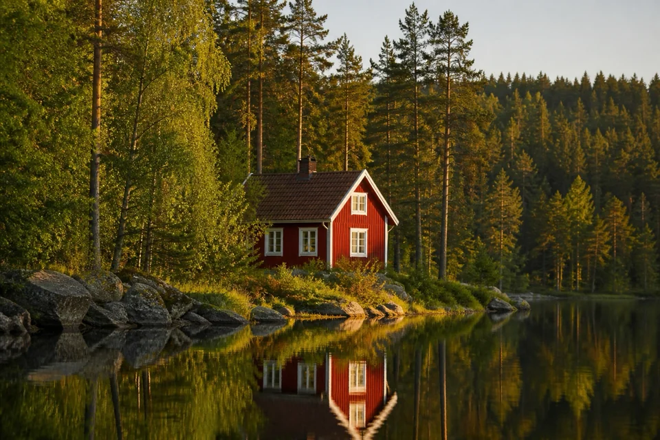 A red wooden cabin on the shore of a forest lake in summer evening light in Sweden