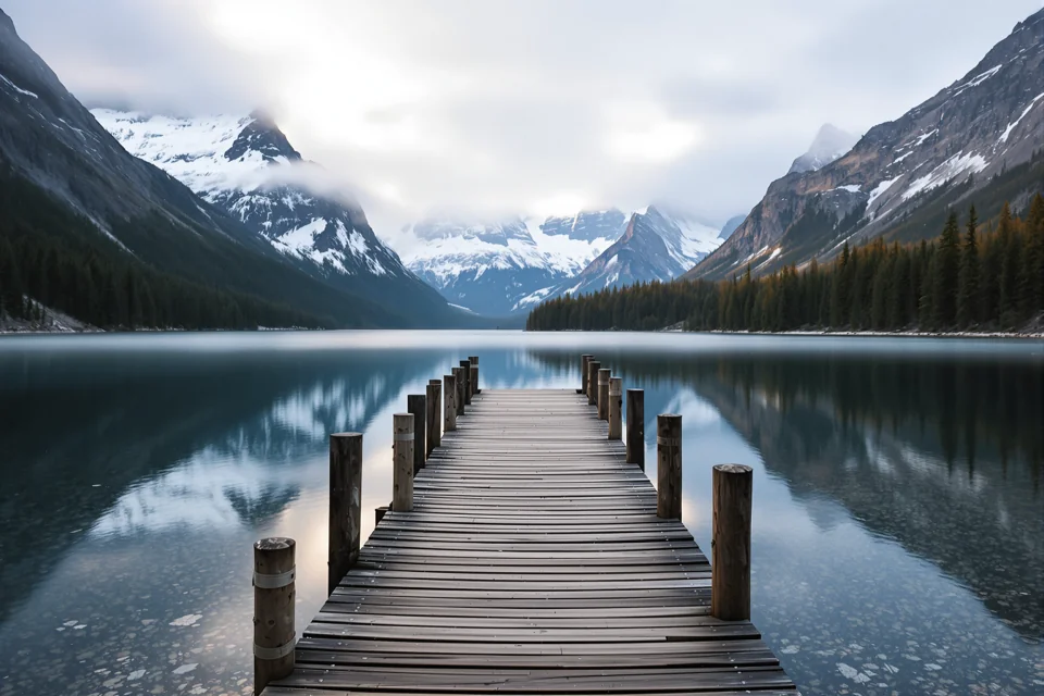 A wooden jetty across a still lake toward snowy peaks on a misty morning in Switzerland