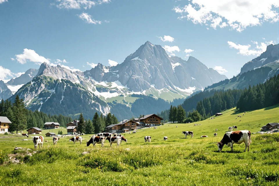 A green alpine pasture in Switzerland ringed by wooden chalets and grazing cows
