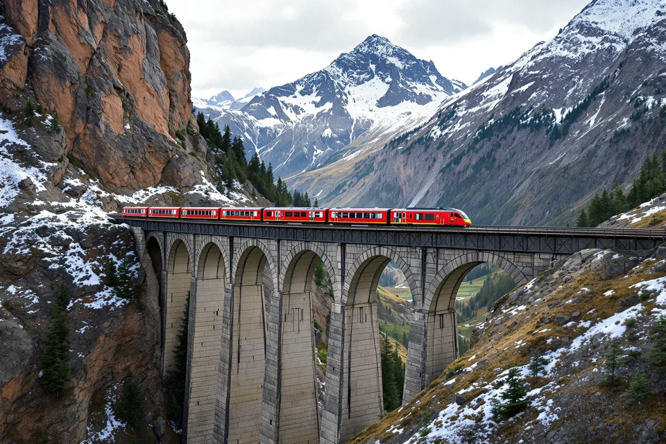 An alpine train on the viaduct in Graubünden