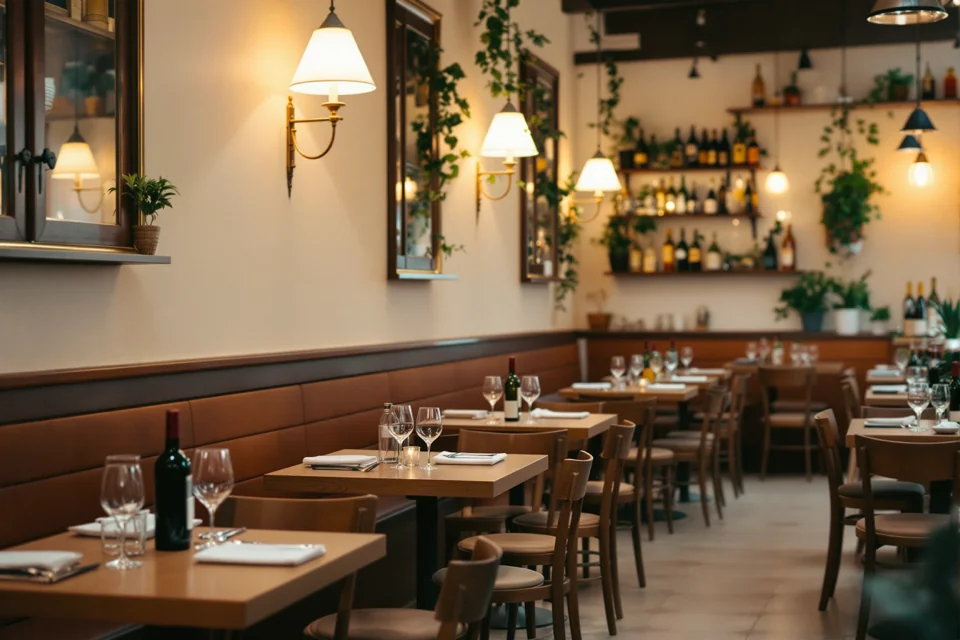 Wooden tables set with wine bottles in a warmly lit trattoria in Italy
