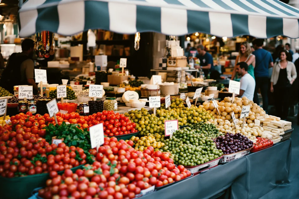 Tomatoes, olives and cheese laid out on a striped-awning market stall in Italy