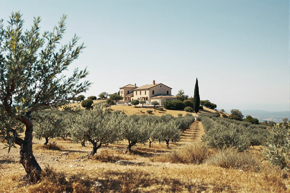 Olive trees surrounding a stone farmhouse on a dry hillside in Italy