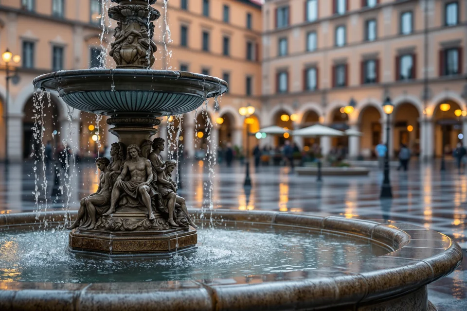 A statued fountain spilling water on a wet stone square at dawn in Italy