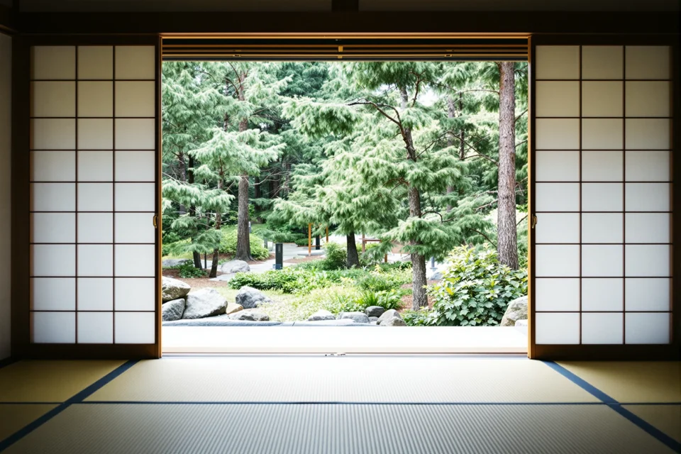 A pine garden seen through sliding doors from a tatami room in Japan