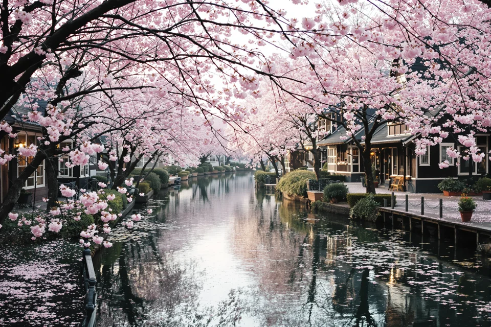 Pink cherry branches reaching over a quiet canal lined with old wooden houses in Japan