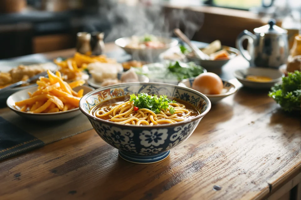 A steaming bowl of noodles with small side dishes on a wooden counter in Japan