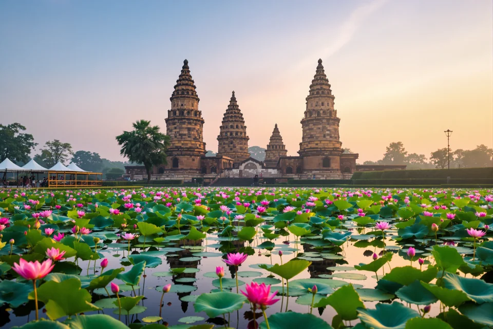 Weathered stone towers rising across a lotus pool at sunrise in Cambodia