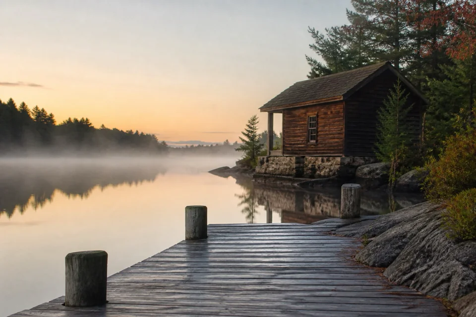 A wooden lakeside dock wrapped in mist over still water at dawn in Canada
