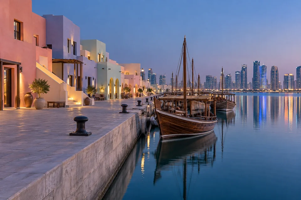 Pastel buildings and wooden dhows moored along the quay of Old Doha Port