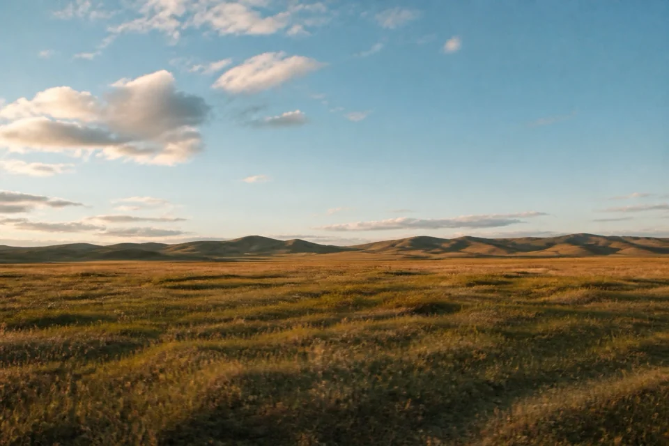 Wide steppe reaching low hills in golden evening light in Kazakhstan