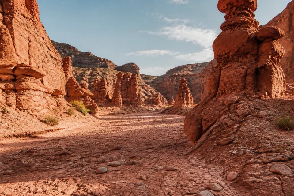 A canyon of red rock rising above a dried-up riverbed in Kazakhstan