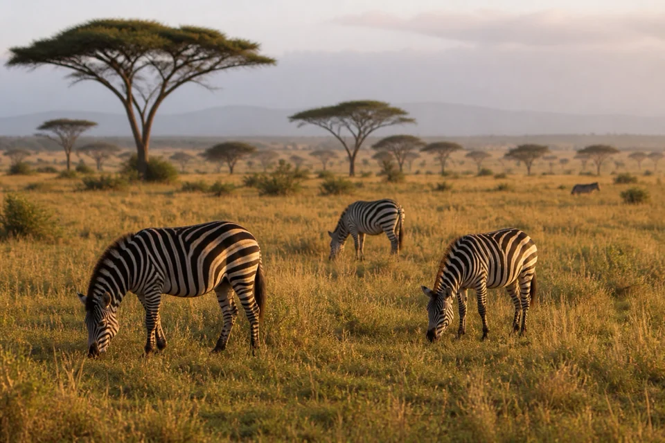 Zebras grazing among umbrella-shaped acacias on open savanna in Kenya
