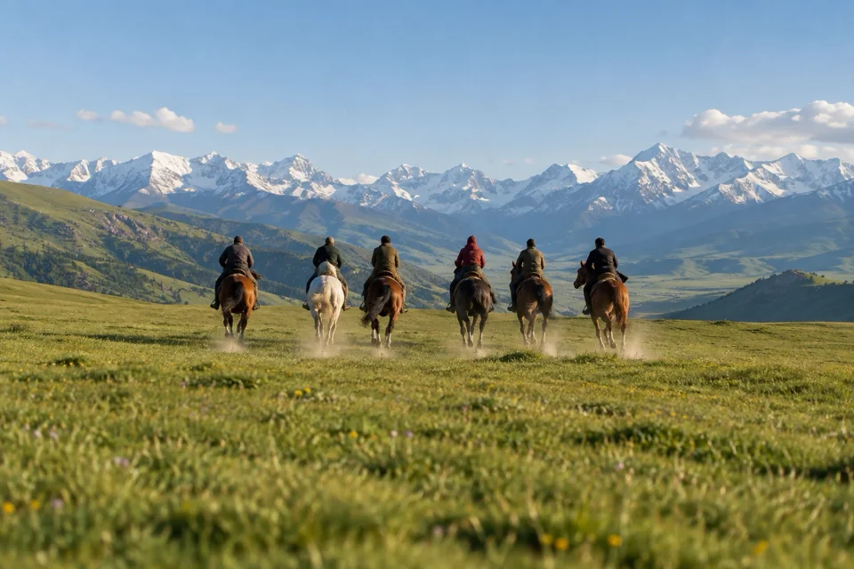 Horses running toward the Tian Shan mountains in a drone shot from behind
