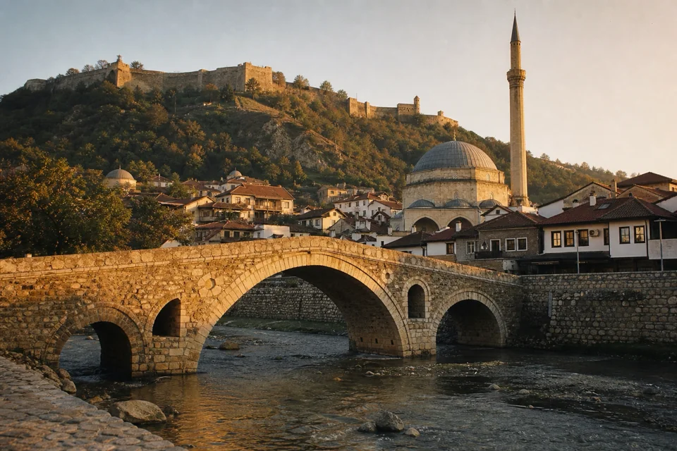 A stone arch bridge over a shallow river toward a hilltop fortress in Kosovo