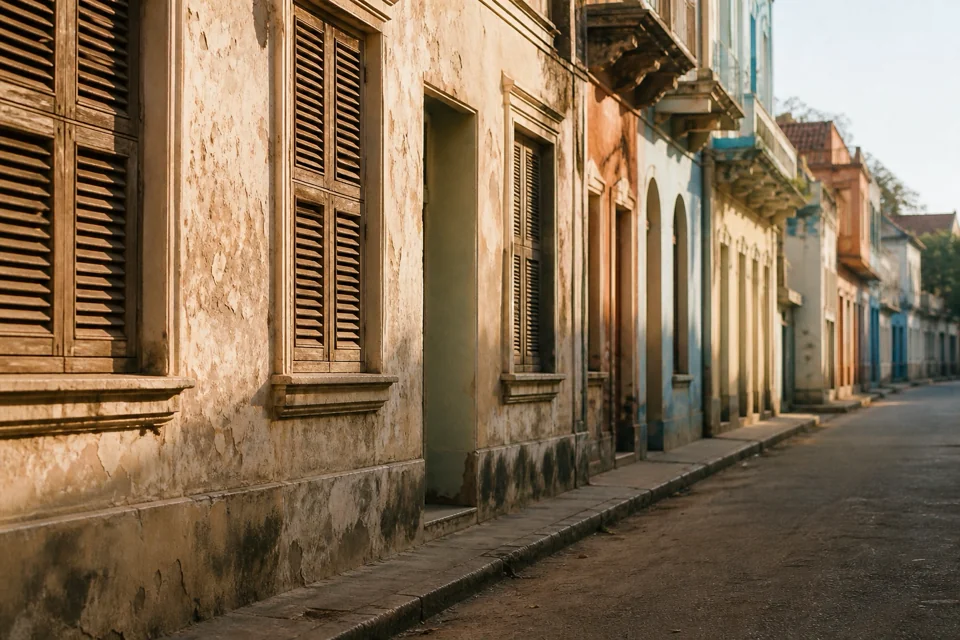 Faded pastel facades and shuttered windows lining a street in Cuba