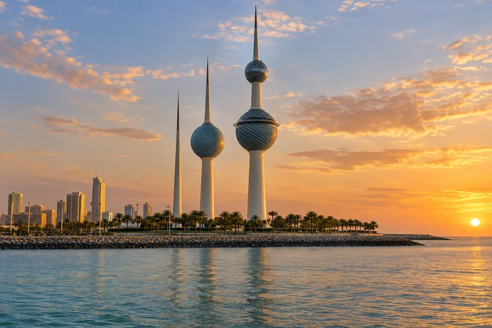 The Kuwait Towers on the Arabian Gulf shore at sunset