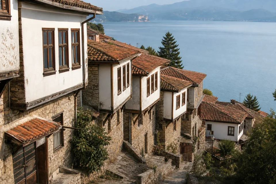 White bay-windowed stone houses stepping down to the lakeshore in North Macedonia